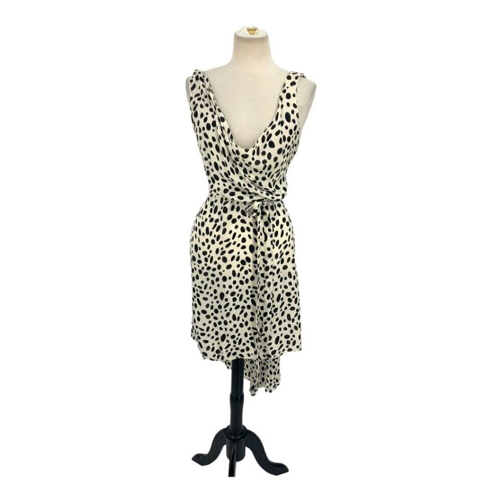 L'Agence 100% Silk Ecru Black Spotted Belted Tank Dress Size 1
